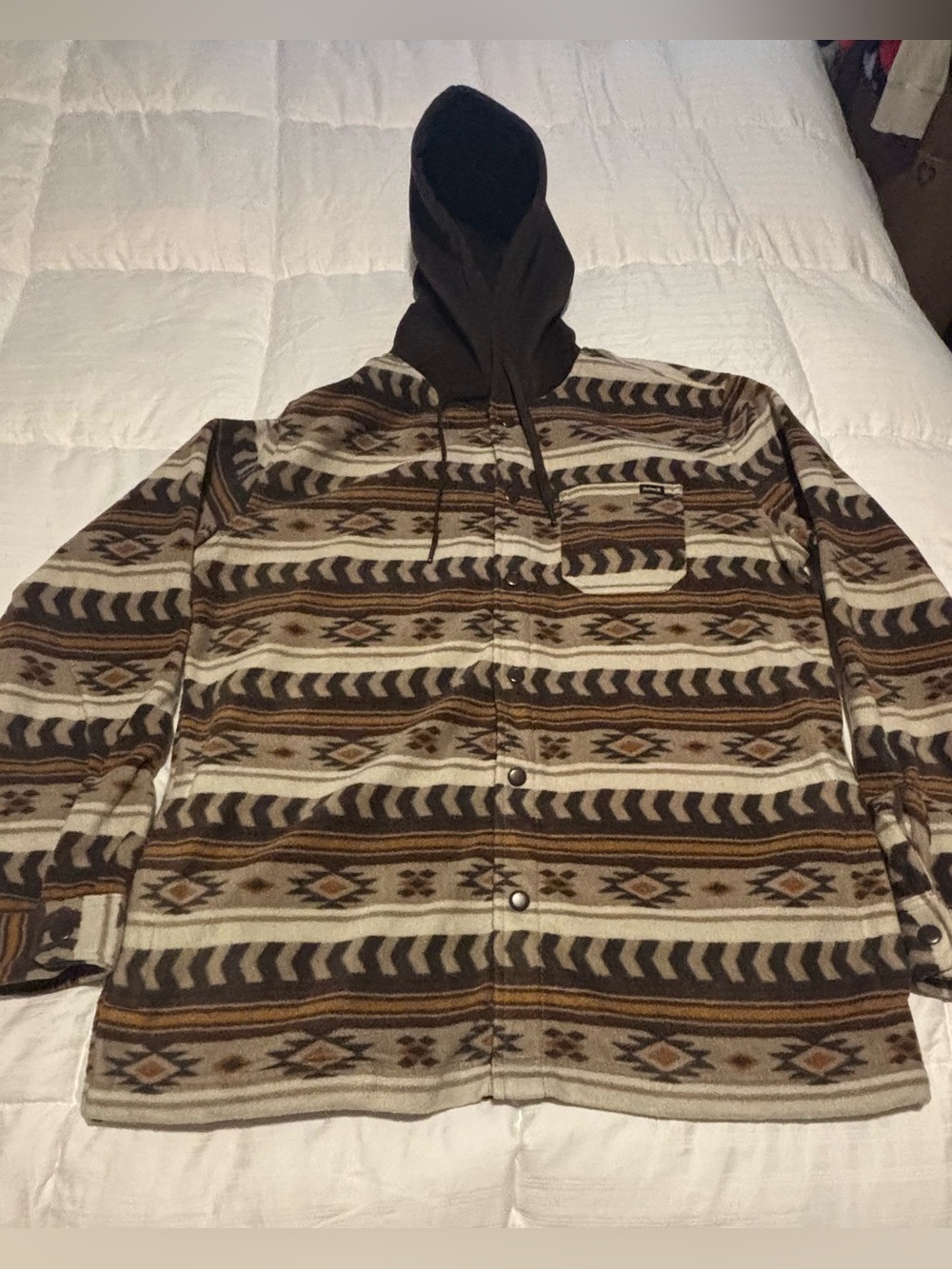 Y2K Hurley Aztec Snap Button Fleece Hoodie Jacket Size Medium - Big Medium